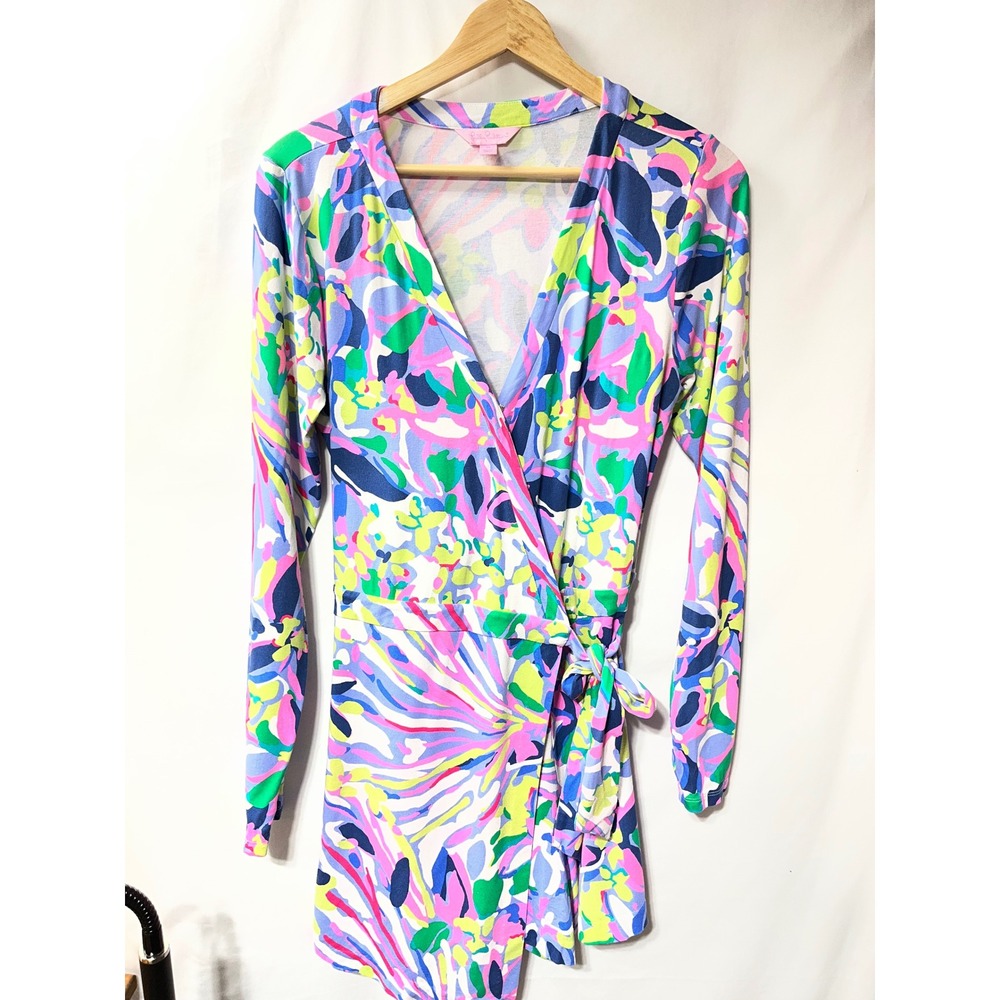 Lilly Pulitzer Womens Pink Blue Green Floral Long Sleeve Jersey Wrap skort  Med